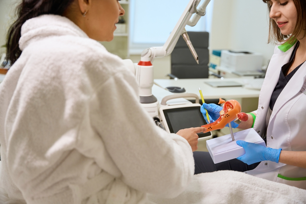 Doctor explaining vaginal rejuvenation using a model to a patient in a medical office.