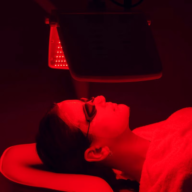 Client receiving LED light therapy at a medical spa in Huntington, NY, targeting skin rejuvenation.