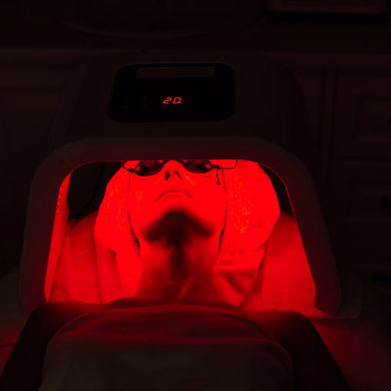Relaxing treatment room for LED light therapy at a medical spa in Huntington, NY